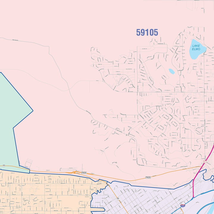 Color Cast Zip Code Style Wall Map of Billings, MT