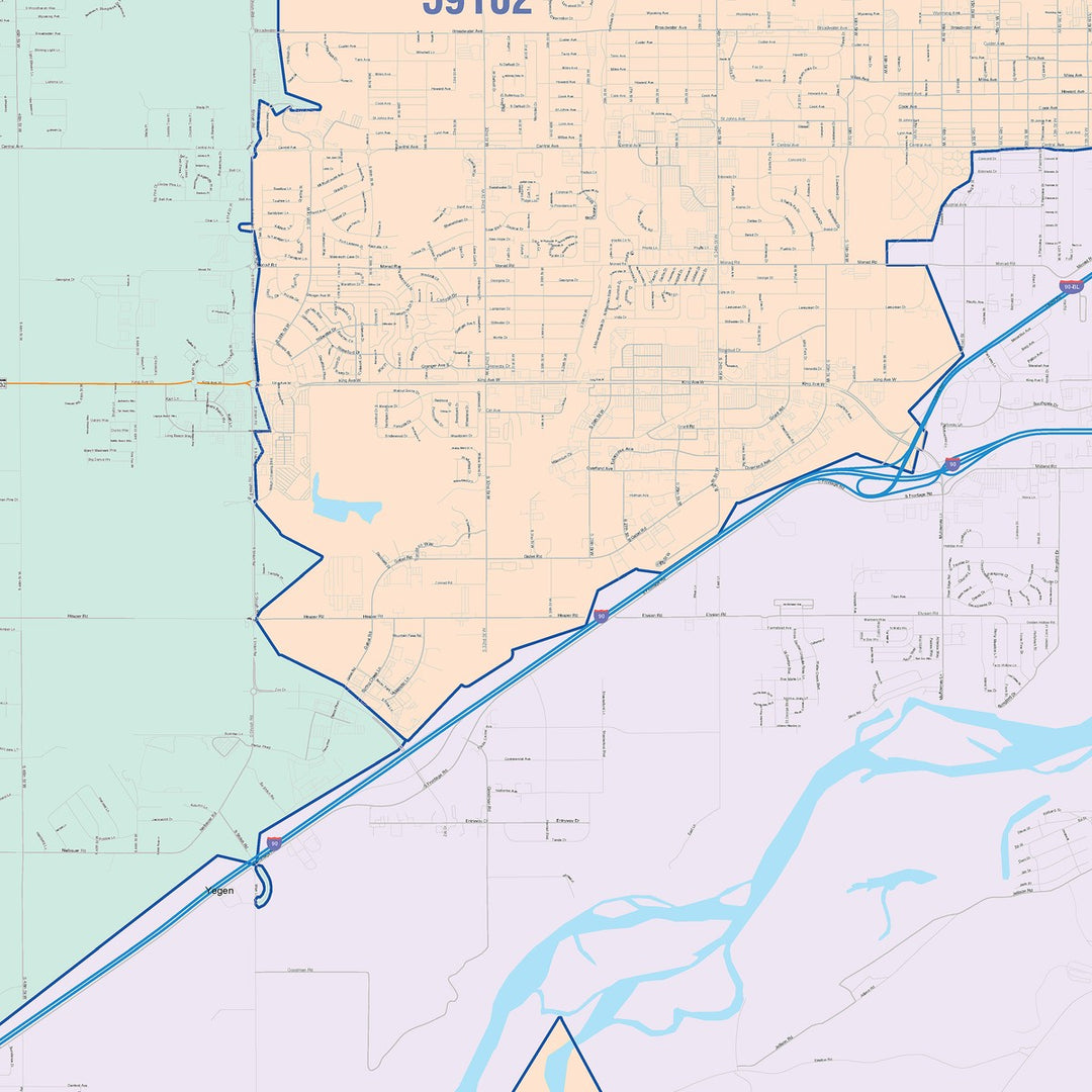 Color Cast Zip Code Style Wall Map of Billings, MT