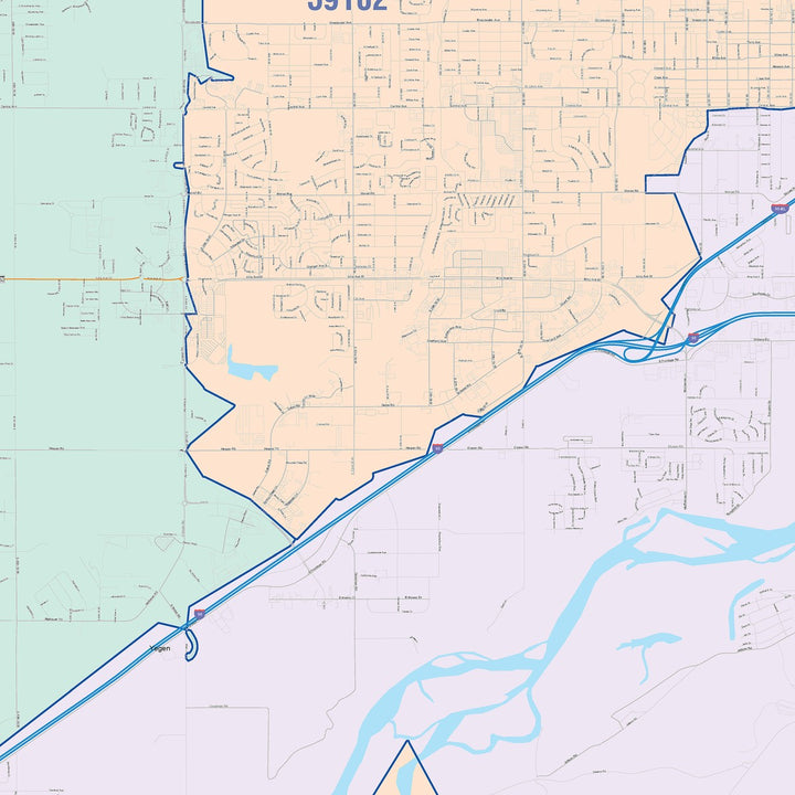 Color Cast Zip Code Style Wall Map of Billings, MT
