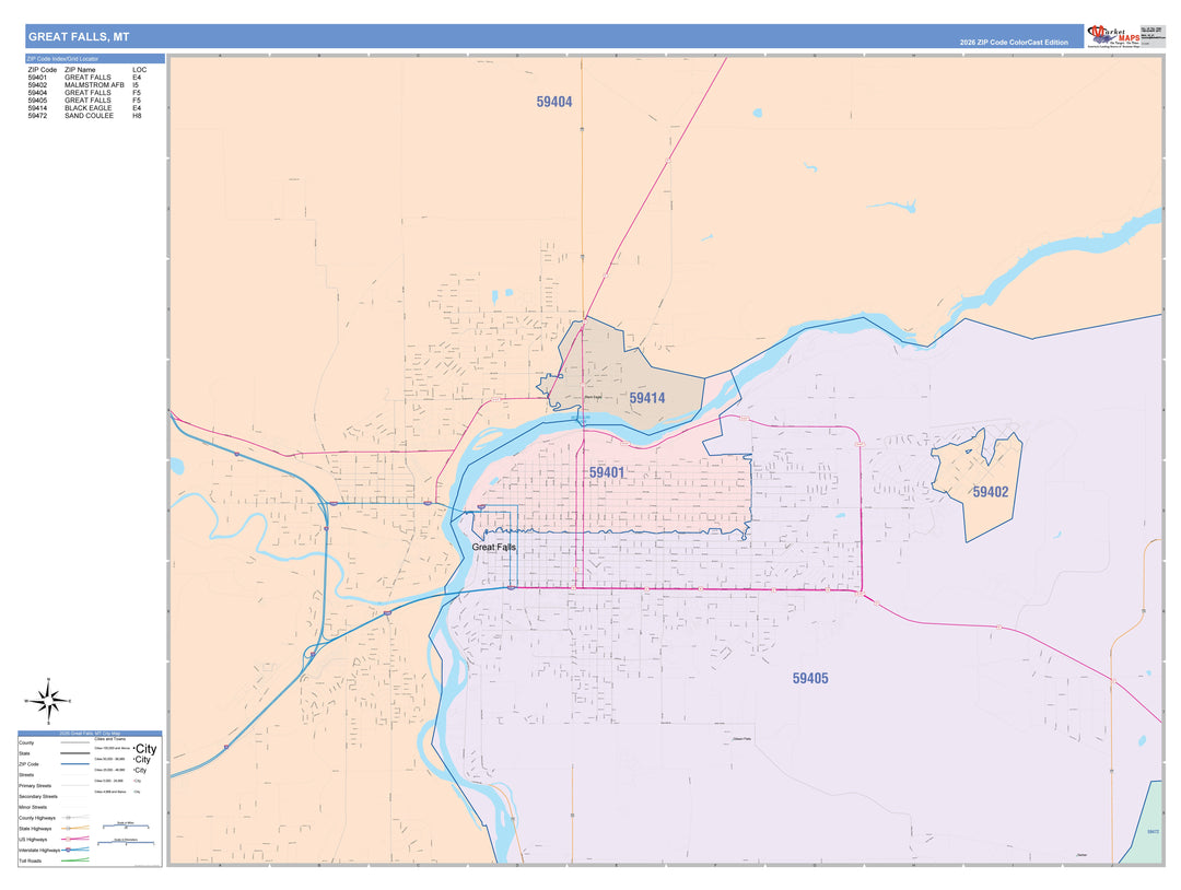 Color Cast Zip Code Style Wall Map of Great Falls, MT