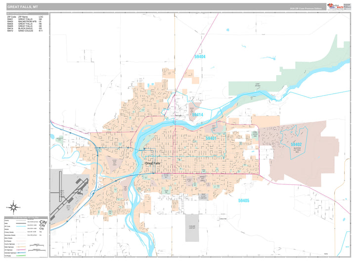 Premium Style Wall Map of Great Falls, MT
