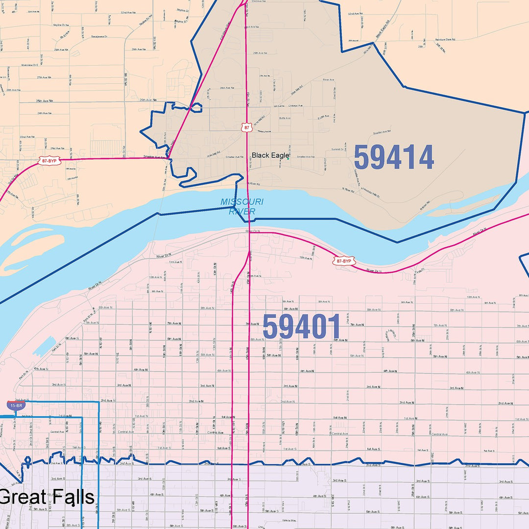 Color Cast Zip Code Style Wall Map of Great Falls, MT