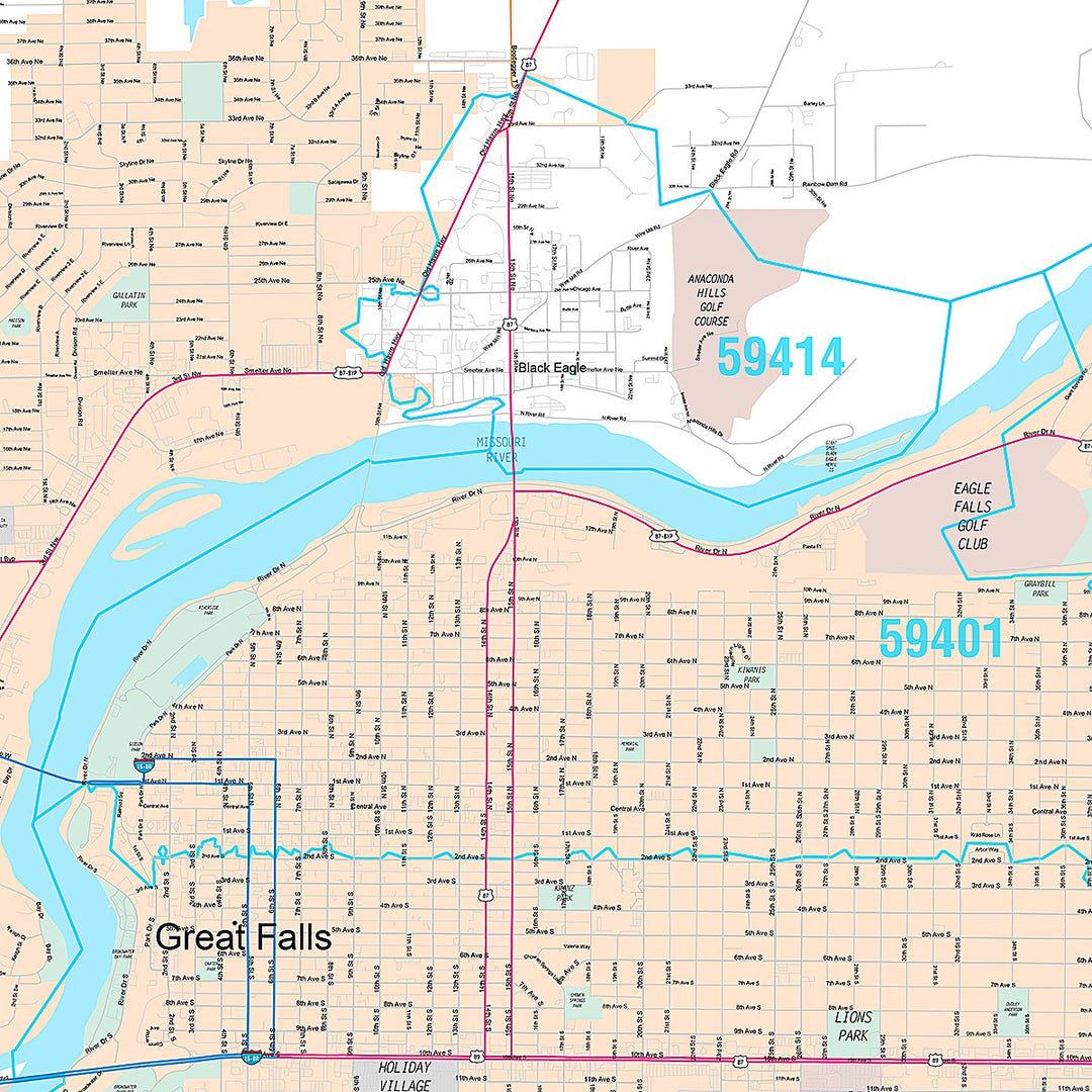 Premium Style Wall Map of Great Falls, MT