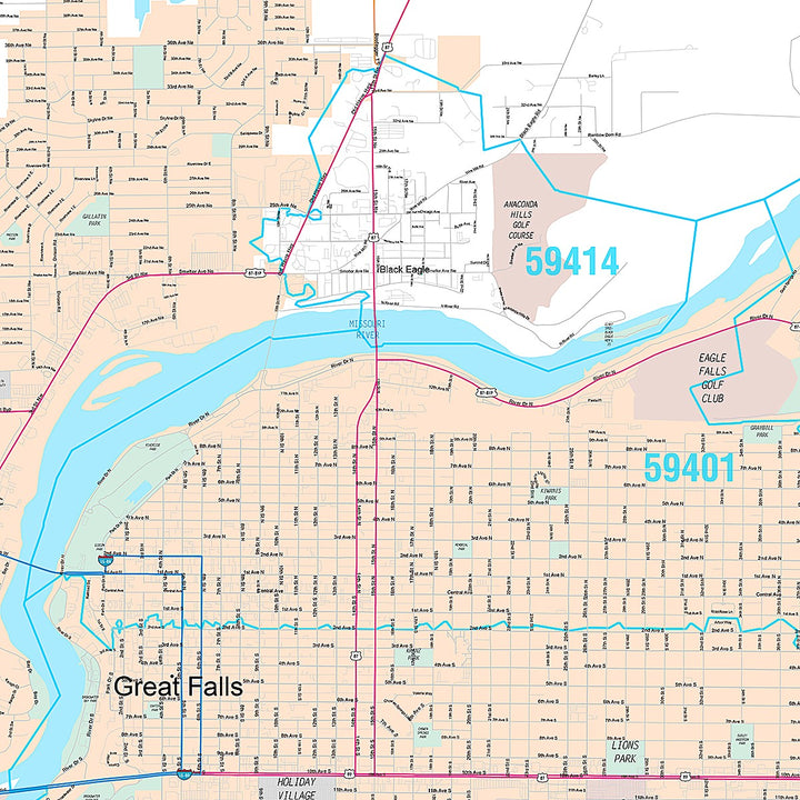 Premium Style Wall Map of Great Falls, MT