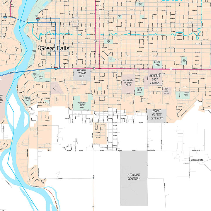 Premium Style Wall Map of Great Falls, MT