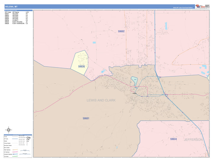 Color Cast Zip Code Style Wall Map of Helena, MT