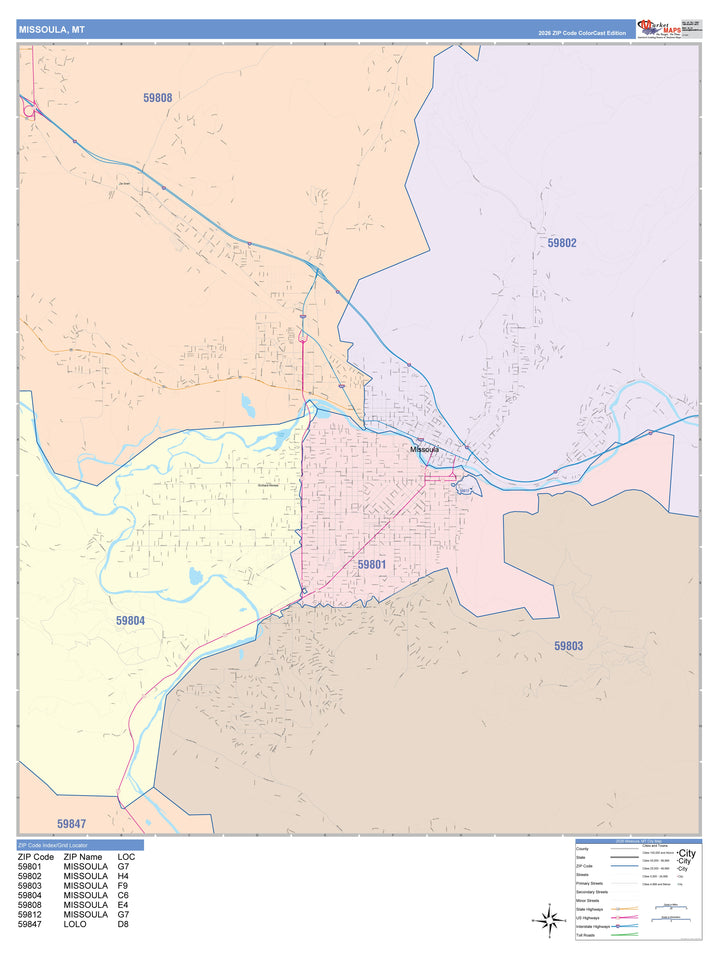 Color Cast Zip Code Style Wall Map of Missoula, MT