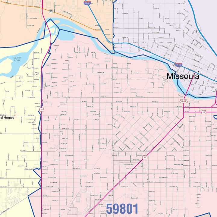 Color Cast Zip Code Style Wall Map of Missoula, MT