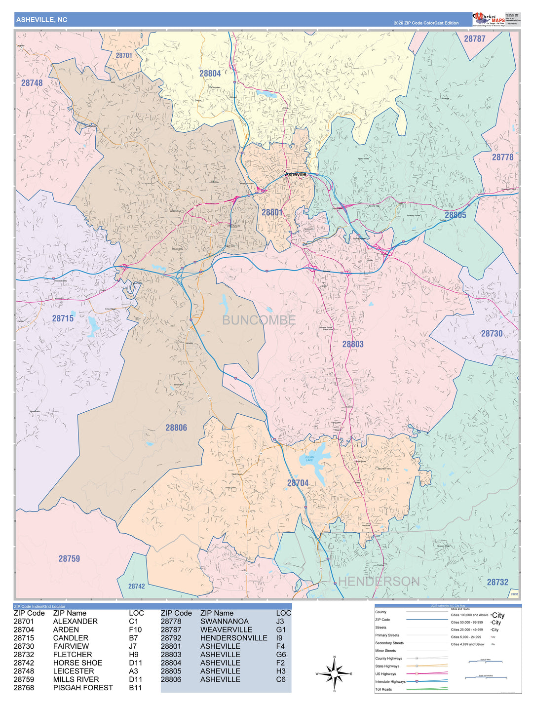 Color Cast Zip Code Style Wall Map of Asheville, NC