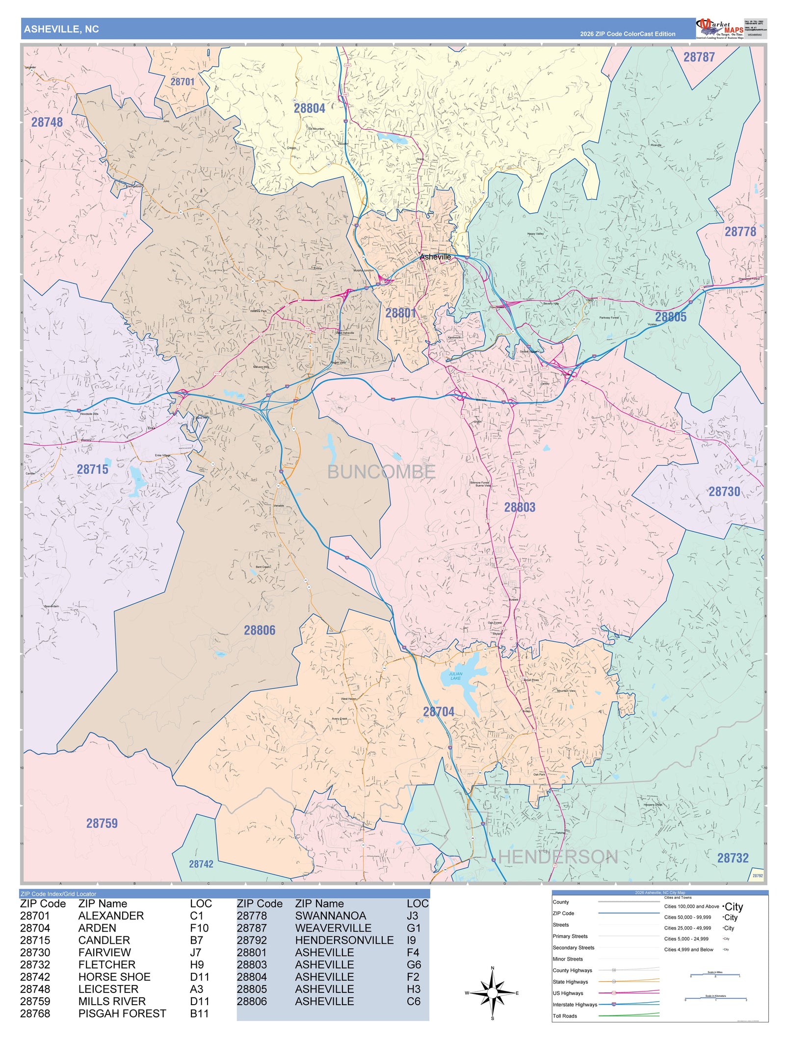 Color Cast Zip Code Style Wall Map of Asheville, NC