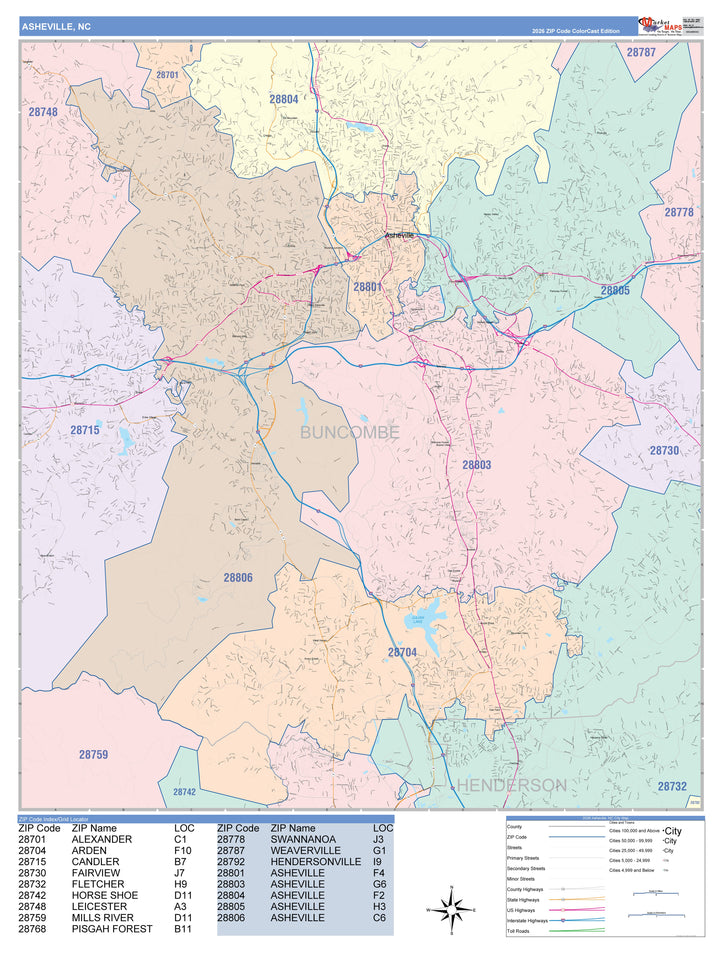 Color Cast Zip Code Style Wall Map of Asheville, NC