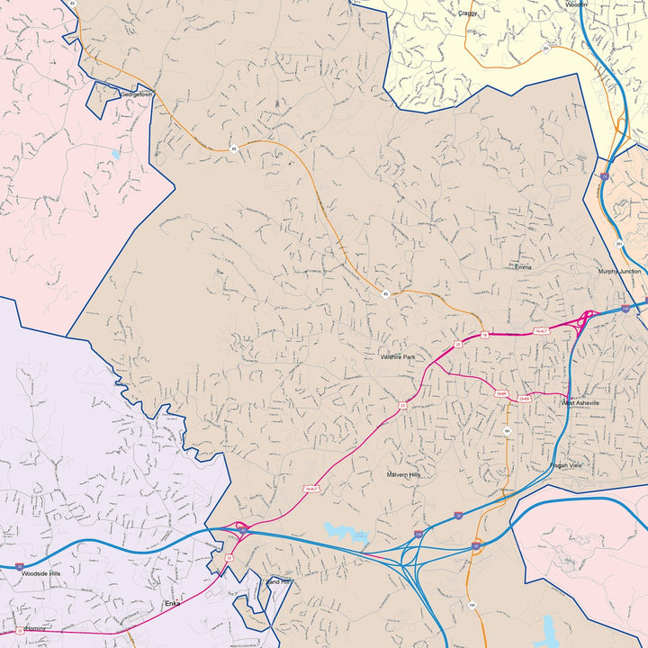 Color Cast Zip Code Style Wall Map of Asheville, NC