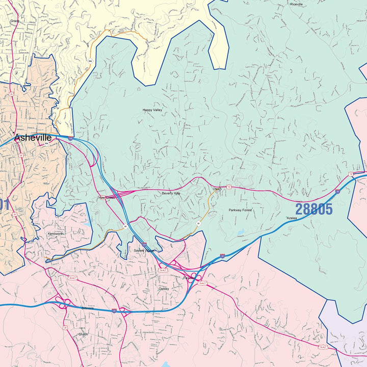 Color Cast Zip Code Style Wall Map of Asheville, NC