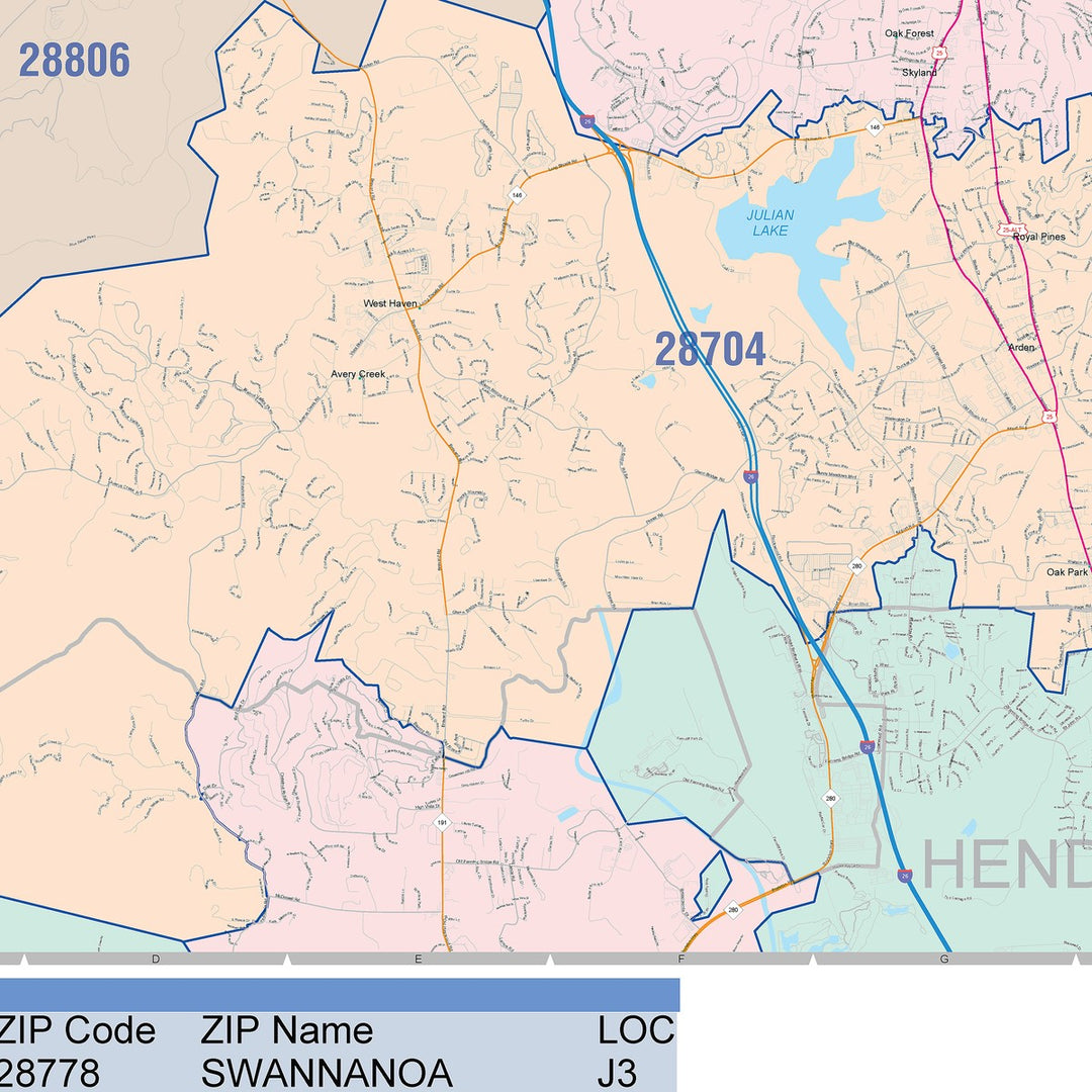 Color Cast Zip Code Style Wall Map of Asheville, NC