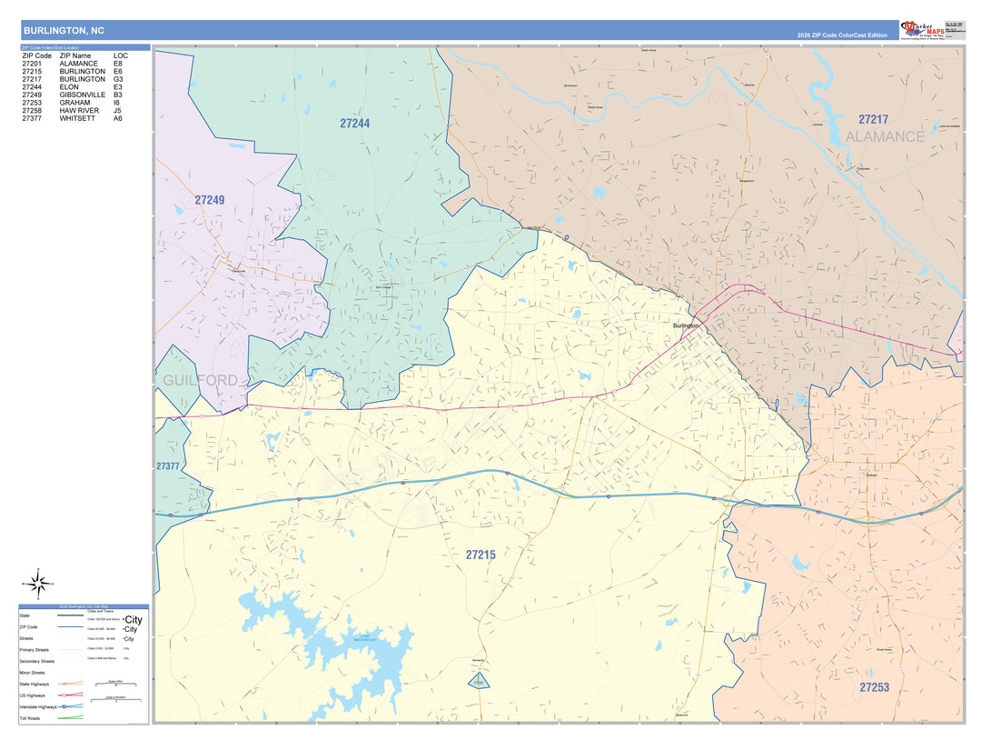 Color Cast Zip Code Style Wall Map of Burlington, NC