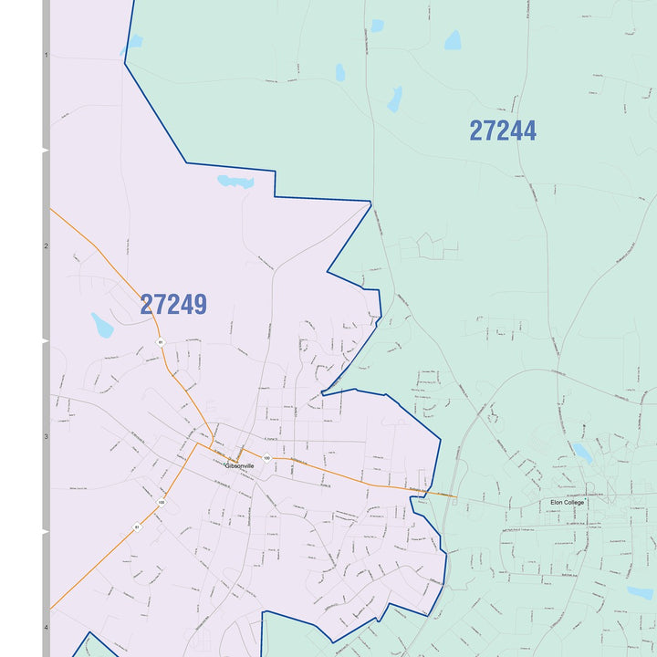 Color Cast Zip Code Style Wall Map of Burlington, NC