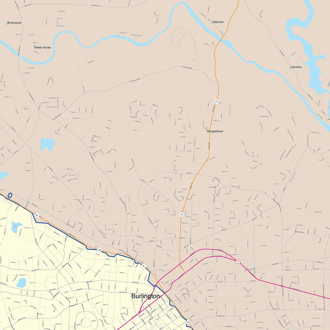 Color Cast Zip Code Style Wall Map of Burlington, NC