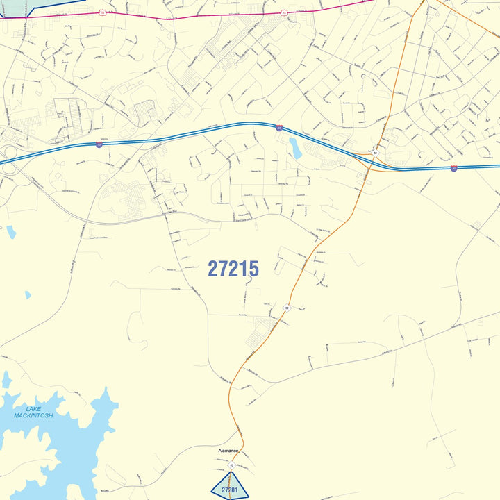 Color Cast Zip Code Style Wall Map of Burlington, NC