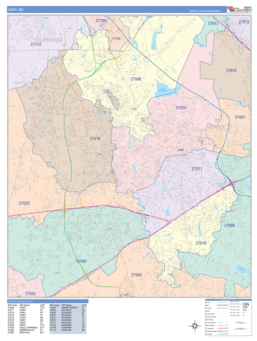 Color Cast Zip Code Style Wall Map of Cary, NC