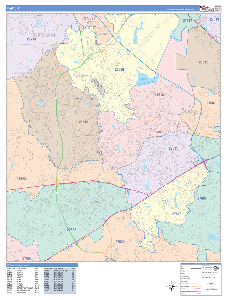 Color Cast Zip Code Style Wall Map of Cary, NC
