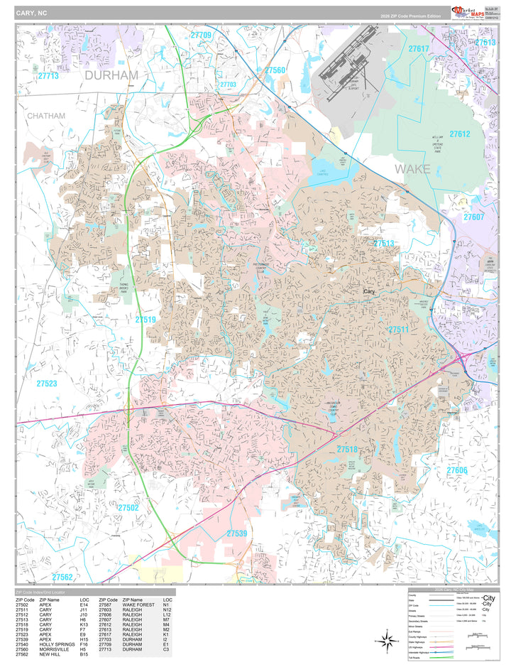 Premium Style Wall Map of Cary, NC