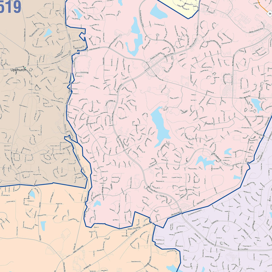 Color Cast Zip Code Style Wall Map of Cary, NC