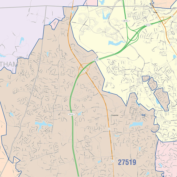 Color Cast Zip Code Style Wall Map of Cary, NC