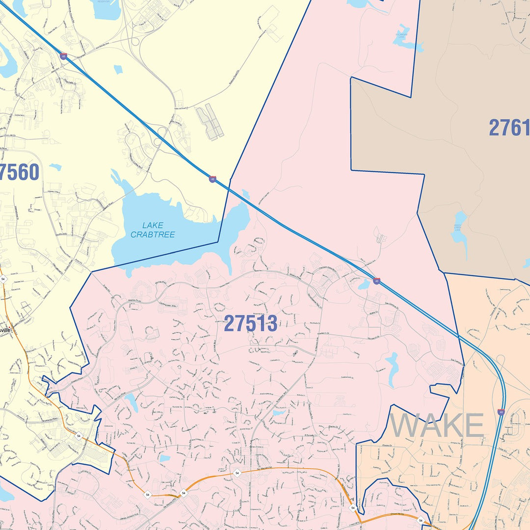 Color Cast Zip Code Style Wall Map of Cary, NC