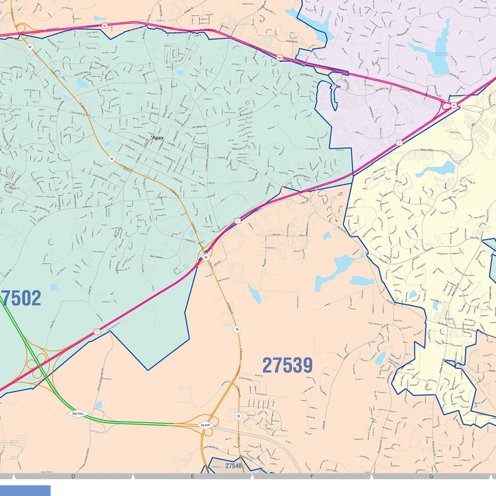 Color Cast Zip Code Style Wall Map of Cary, NC