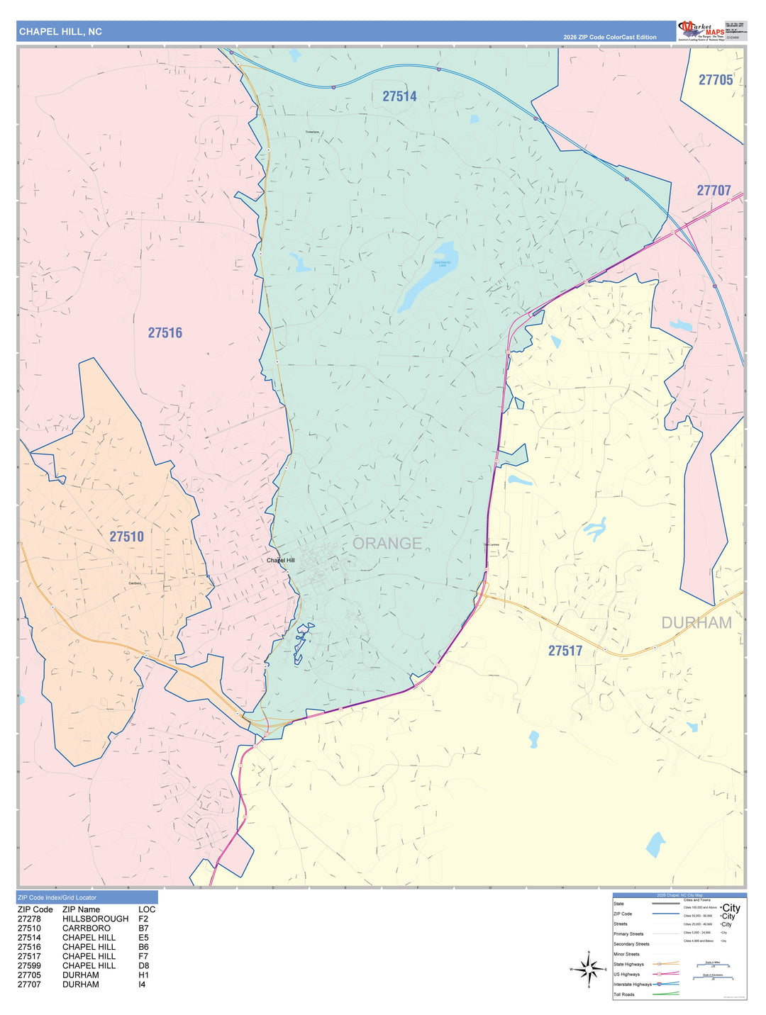 Color Cast Zip Code Style Wall Map of Chapel Hill, NC