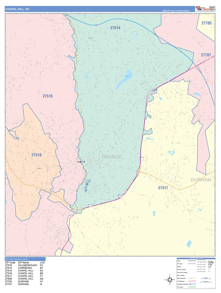 Color Cast Zip Code Style Wall Map of Chapel Hill, NC