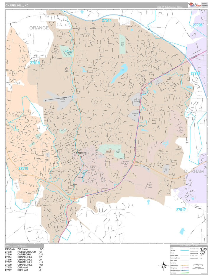 Premium Style Wall Map of Chapel Hill, NC