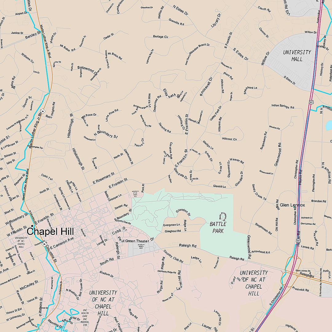 Premium Style Wall Map of Chapel Hill, NC