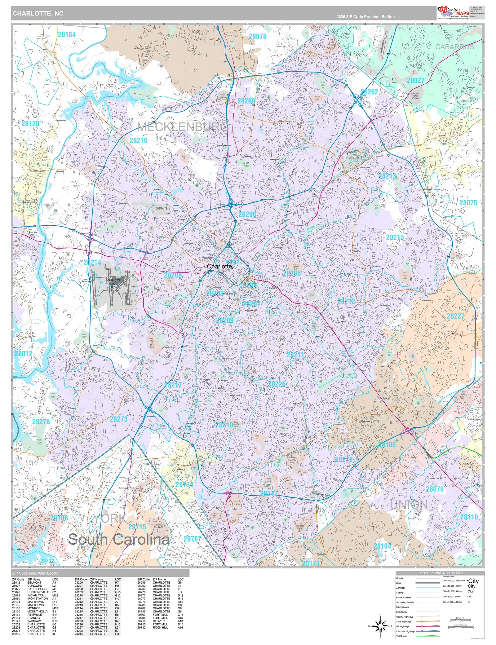 Premium Style Wall Map of Charlotte NC