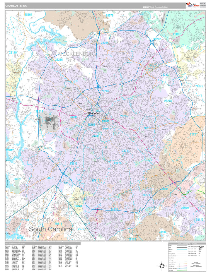 Premium Style Wall Map of Charlotte NC