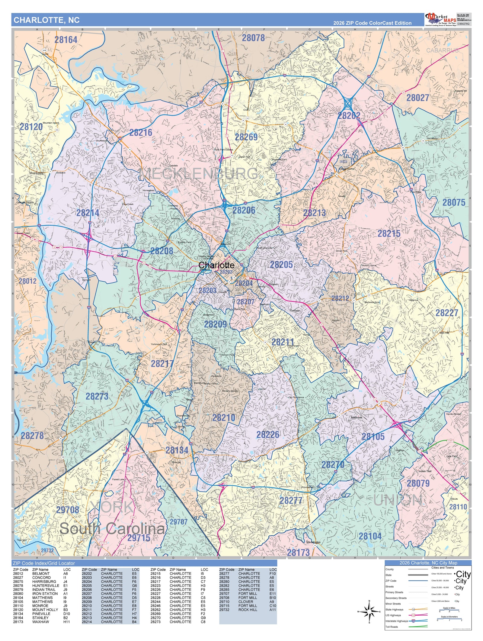 Color Cast Zip Code Style Wall Map of Charlotte NC