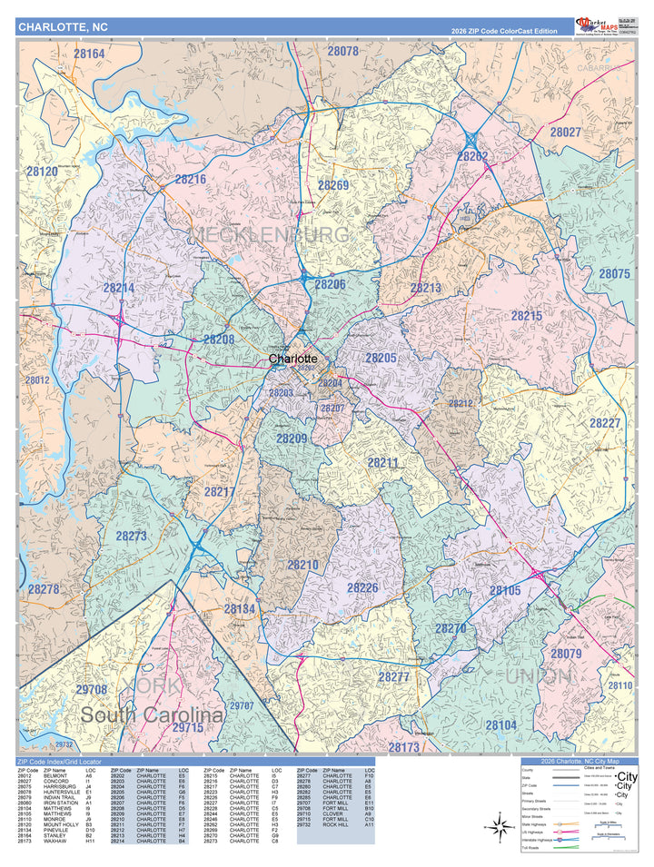 Color Cast Zip Code Style Wall Map of Charlotte NC