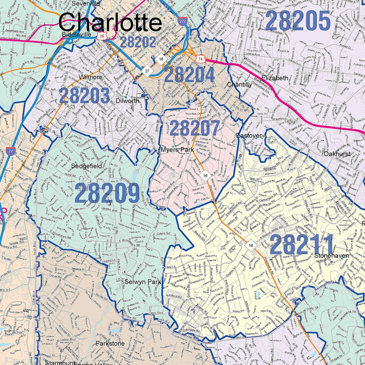 Color Cast Zip Code Style Wall Map of Charlotte NC