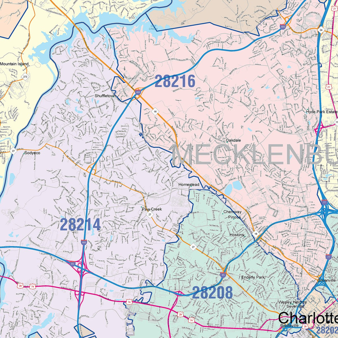 Color Cast Zip Code Style Wall Map of Charlotte NC