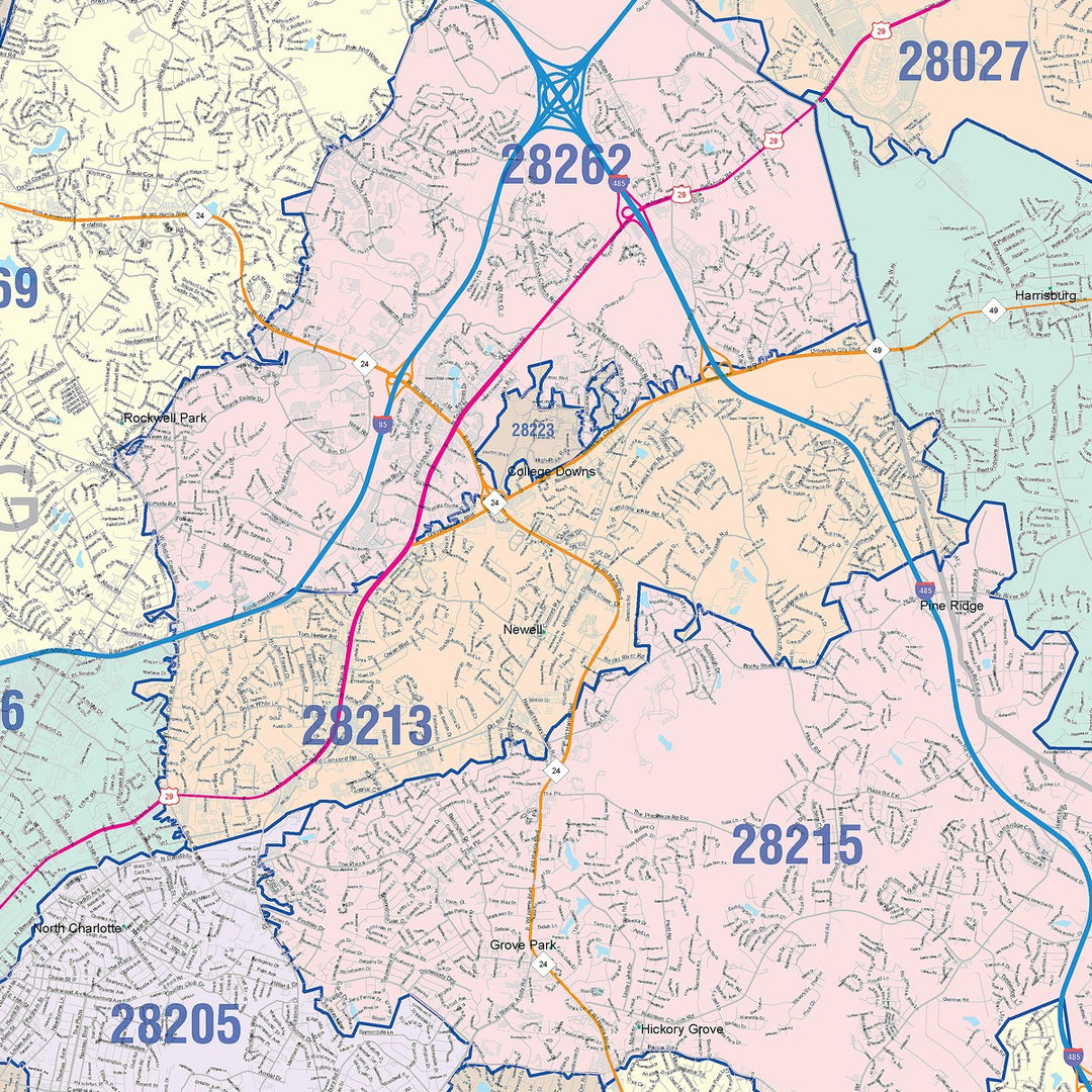 Color Cast Zip Code Style Wall Map of Charlotte NC