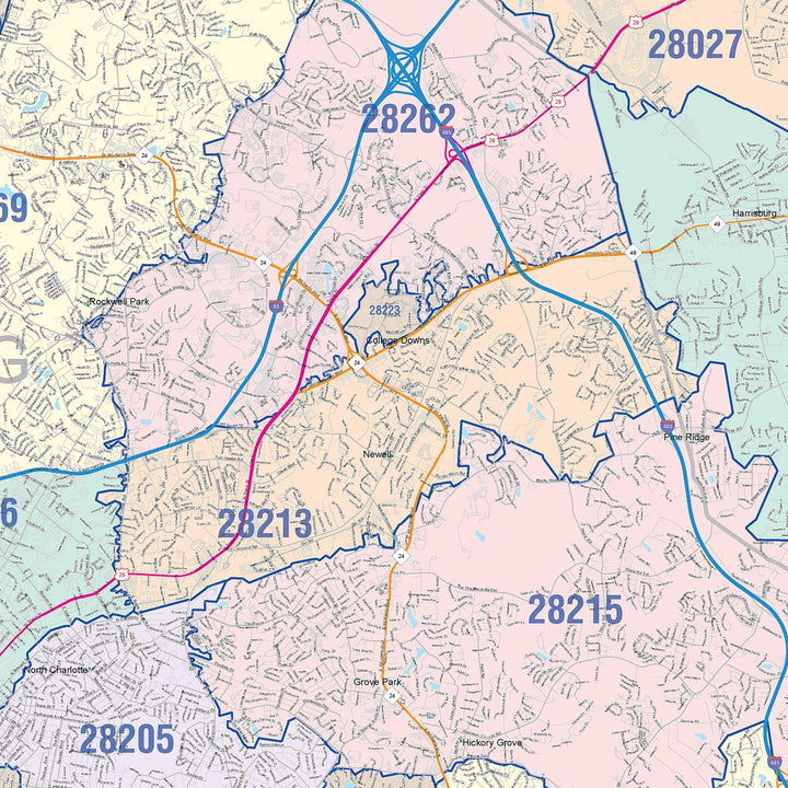 Color Cast Zip Code Style Wall Map of Charlotte NC