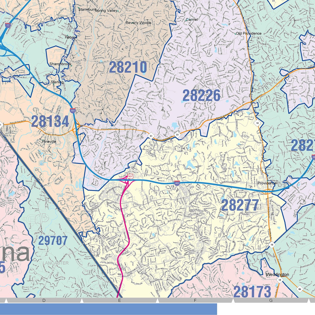 Color Cast Zip Code Style Wall Map of Charlotte NC