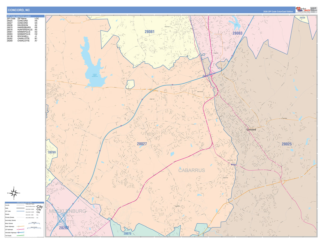 Color Cast Zip Code Style Wall Map of Concord, NC