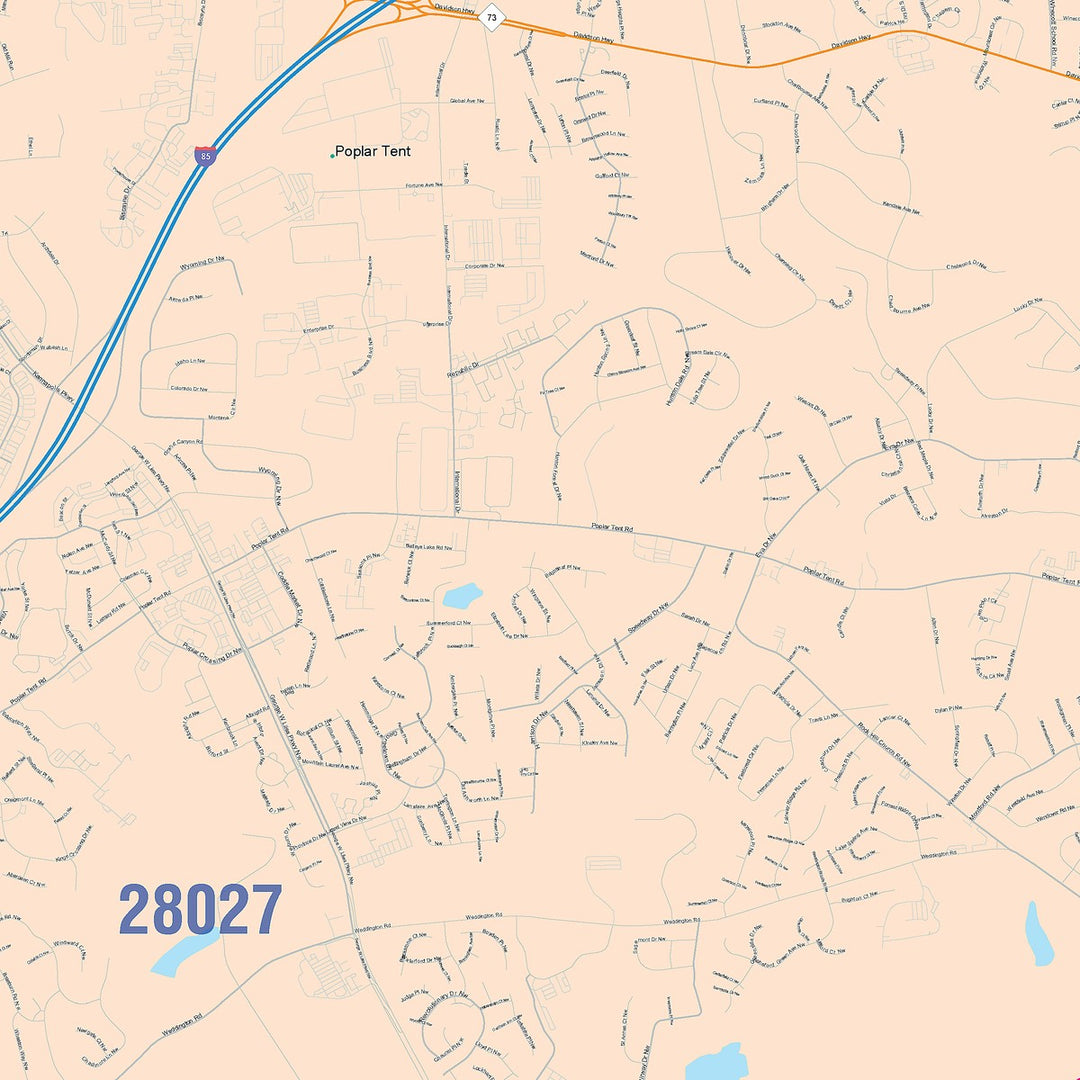 Color Cast Zip Code Style Wall Map of Concord, NC