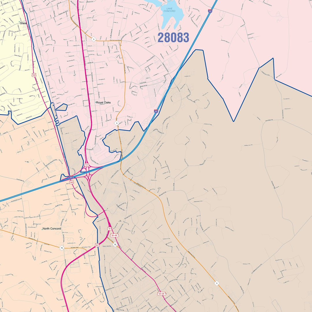 Color Cast Zip Code Style Wall Map of Concord, NC