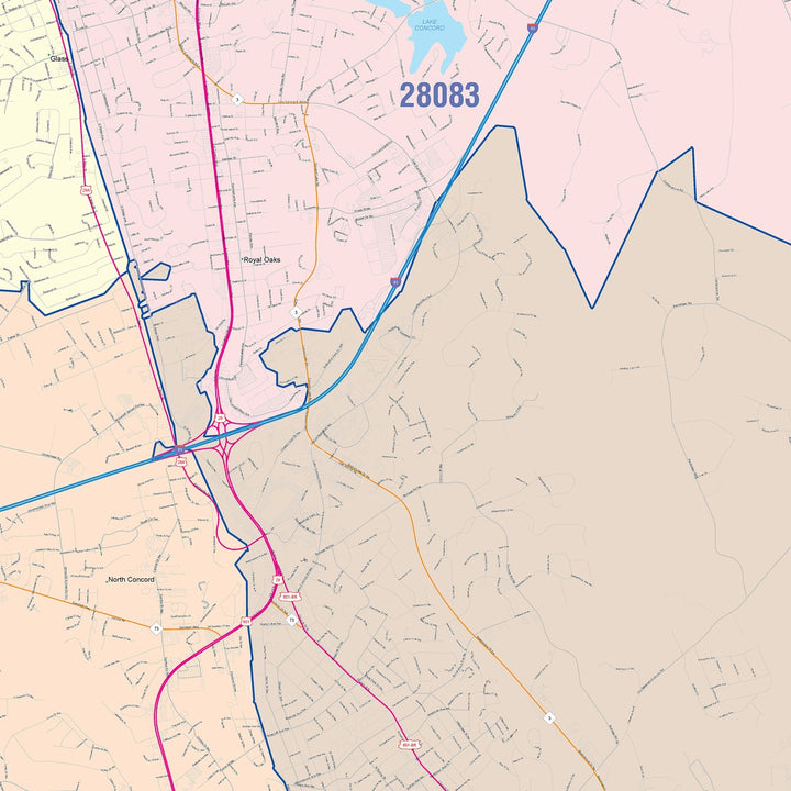 Color Cast Zip Code Style Wall Map of Concord, NC