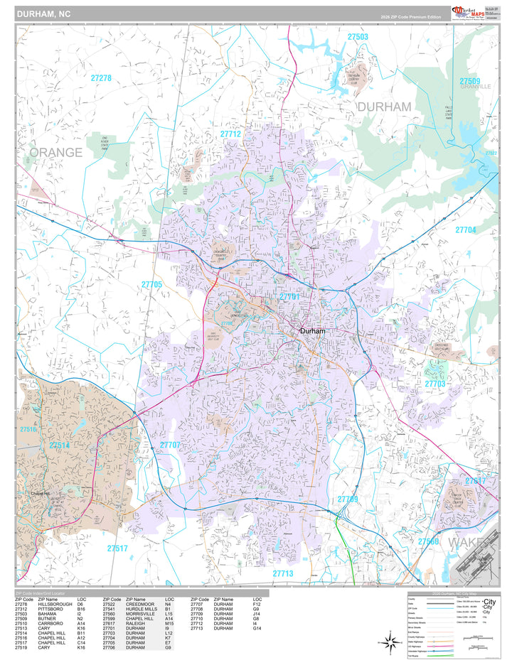 Premium Style Wall Map of Durham NC