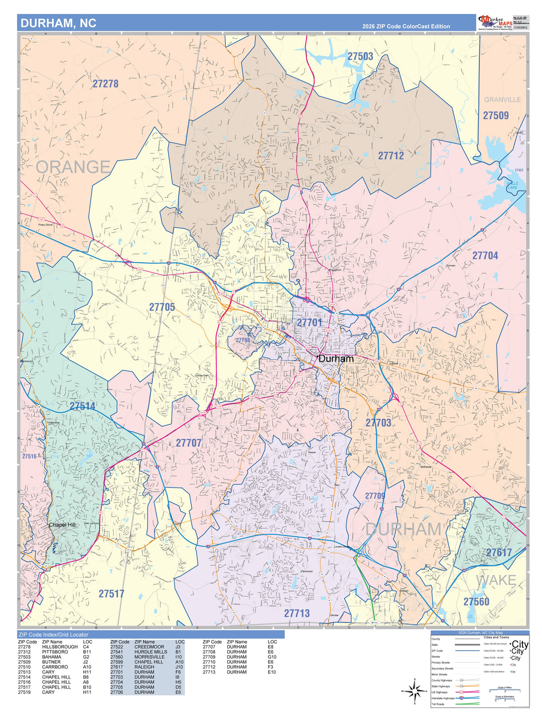 Color Cast Zip Code Style Wall Map of Durham, NC