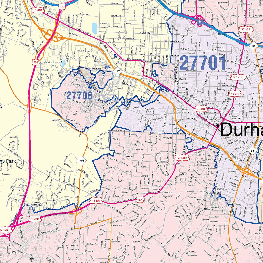 Color Cast Zip Code Style Wall Map of Durham, NC