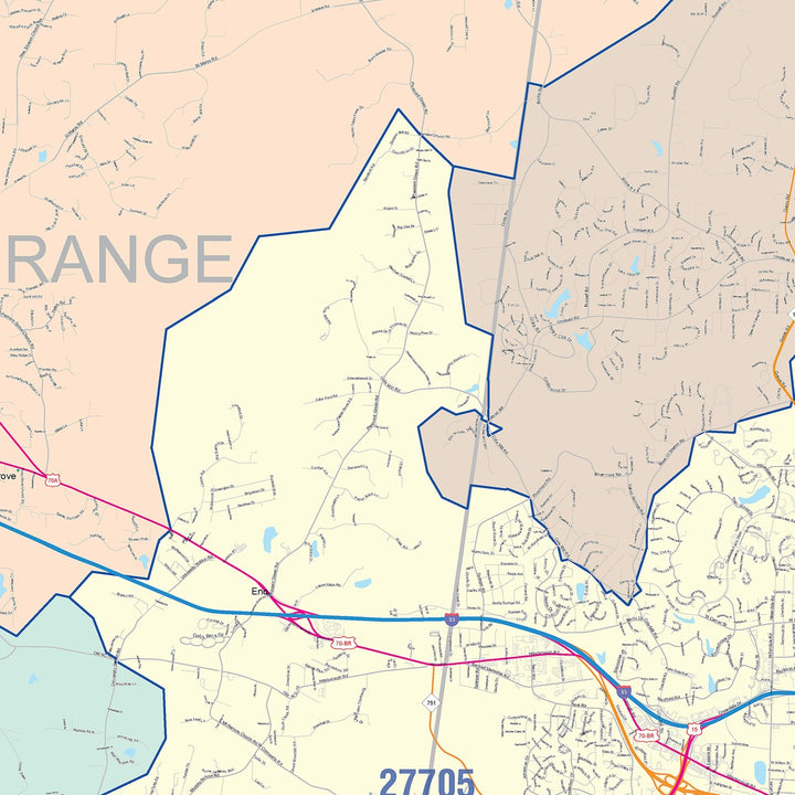 Color Cast Zip Code Style Wall Map of Durham, NC